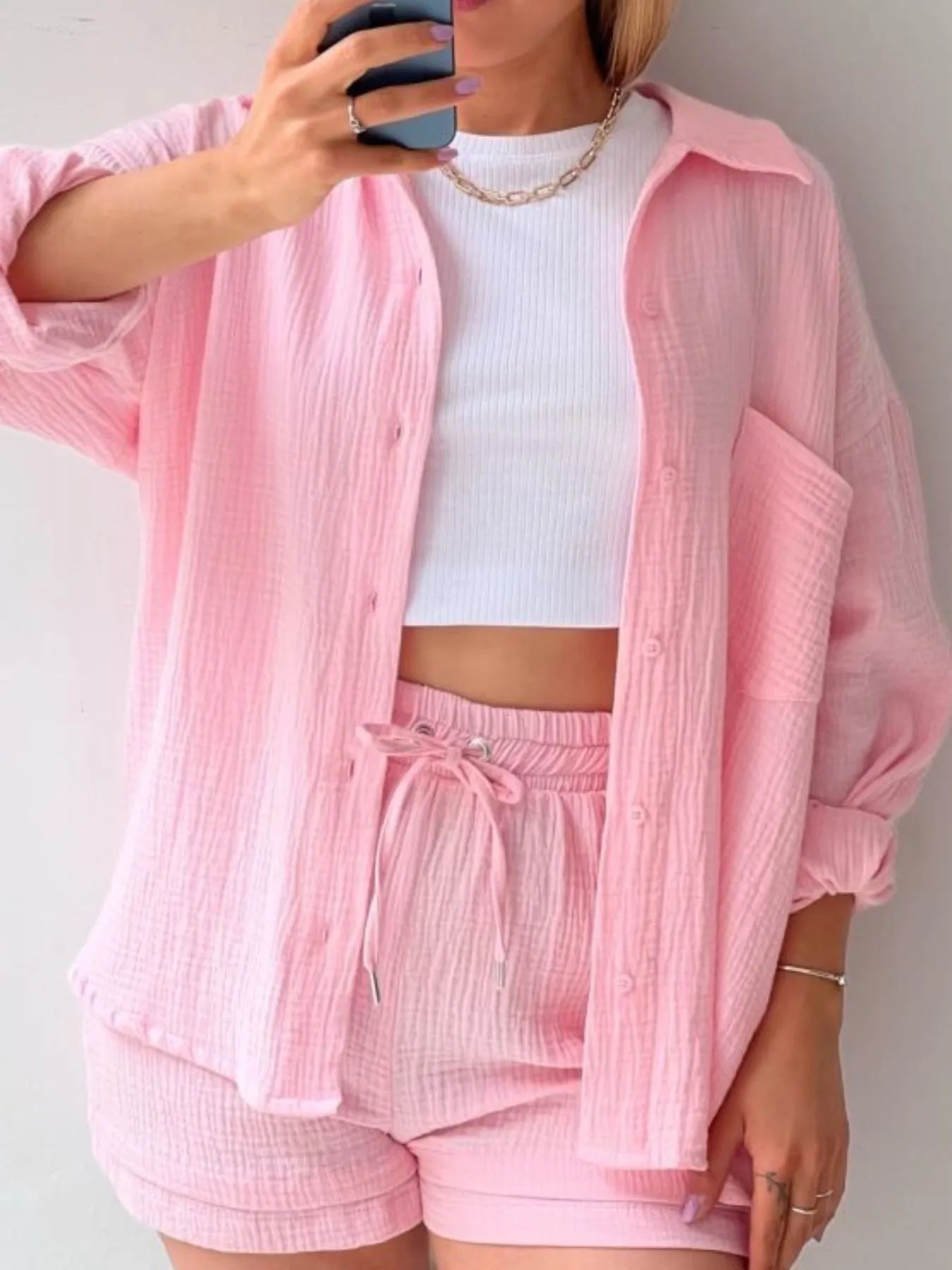 Hazel Blues® |  Textured Button Up Shirt and Shorts Set