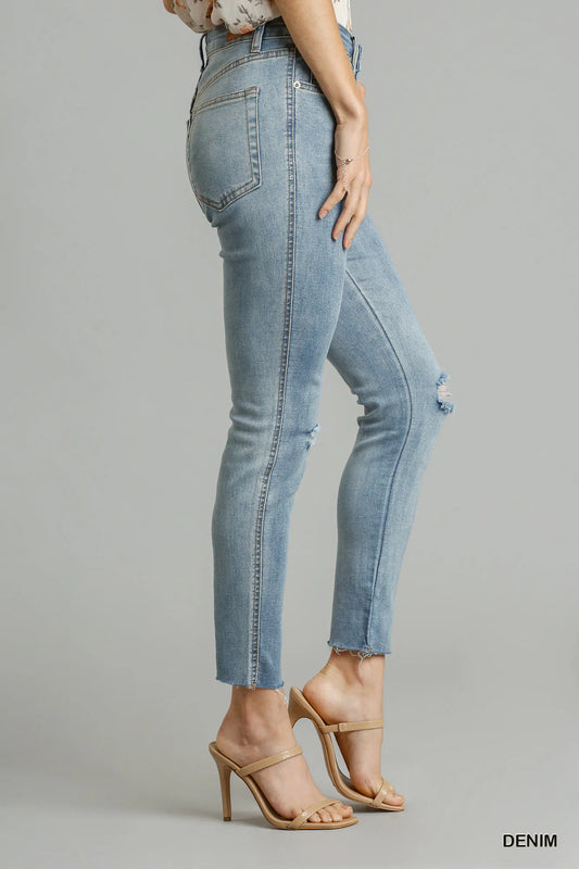 Hazel Blues® |  Umgee 5-Pockets Distressed Detail Stretch Denim Skinny Jeans with Unfinished Hem