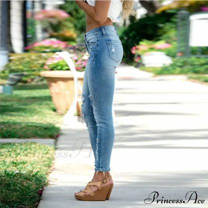Elastic Women's Cutout Ripped High Waist Casual Daily Skinny Pocket Trend Fashion Design Long Jean