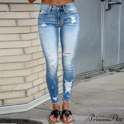Elastic Women's Cutout Ripped High Waist Casual Daily Skinny Pocket Trend Fashion Design Long Jean