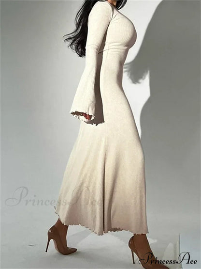 Elegant Women Ribbed   Sleeve Square Neck Solid Slim Fit Fall Party Vestido Streetwear