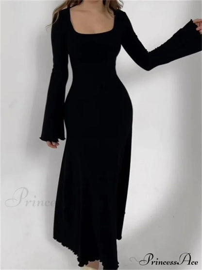 Elegant Women Ribbed   Sleeve Square Neck Solid Slim Fit Fall Party Vestido Streetwear