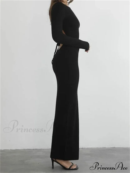 Elegant Women Round Neck Party Solid Color Sleeve Backless Tie Up Party Female Vestidos