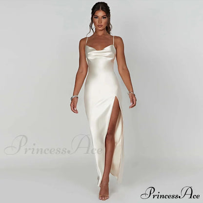 Elegant Satin V-neck Spaghetti Strap Backless Ruched High Split Dress