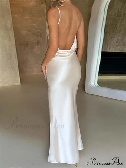 Elegant Satin V-neck Spaghetti Strap Backless Ruched High Split Dress