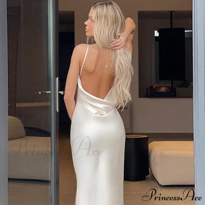 Elegant Satin V-neck Spaghetti Strap Backless Ruched High Split Dress