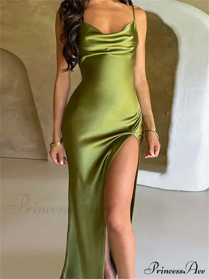 Elegant Satin V-neck Spaghetti Strap Backless Ruched High Split Dress