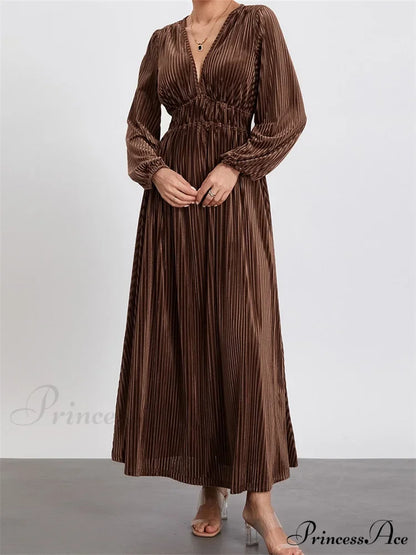 Elegant Women Spring Fall Velvet Sleeve Deep V Neck Solid Color A-Line Vintage Female Vestidos