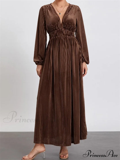 Elegant Women Spring Fall Velvet Sleeve Deep V Neck Solid Color A-Line Vintage Female Vestidos