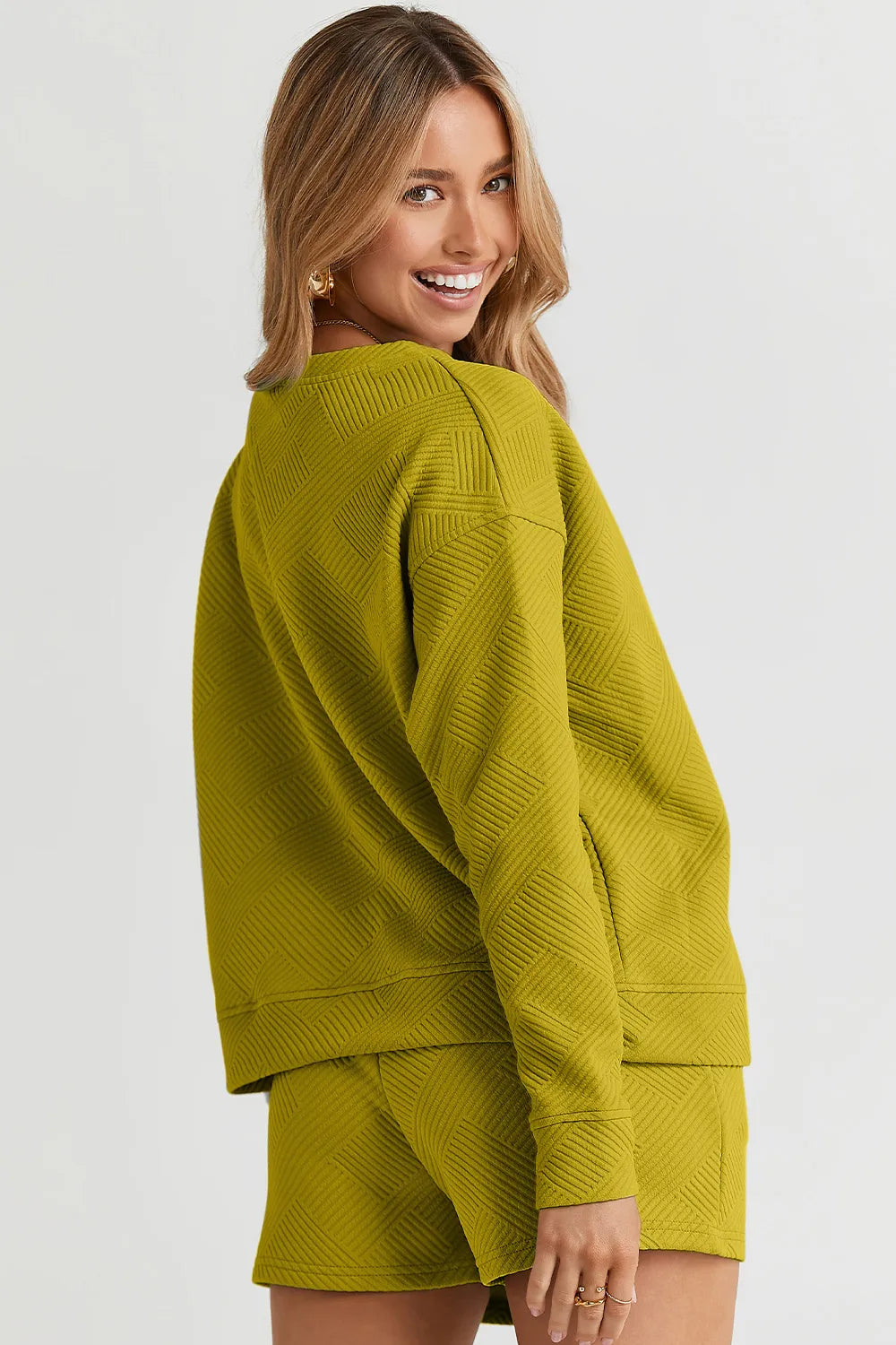 Hazel Blues® |  Double Take Texture Long Sleeve Top and Drawstring Shorts Set