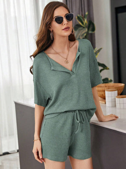Hazel Blues® |  Waffle-Knit Dropped Shoulder Top and Shorts Set