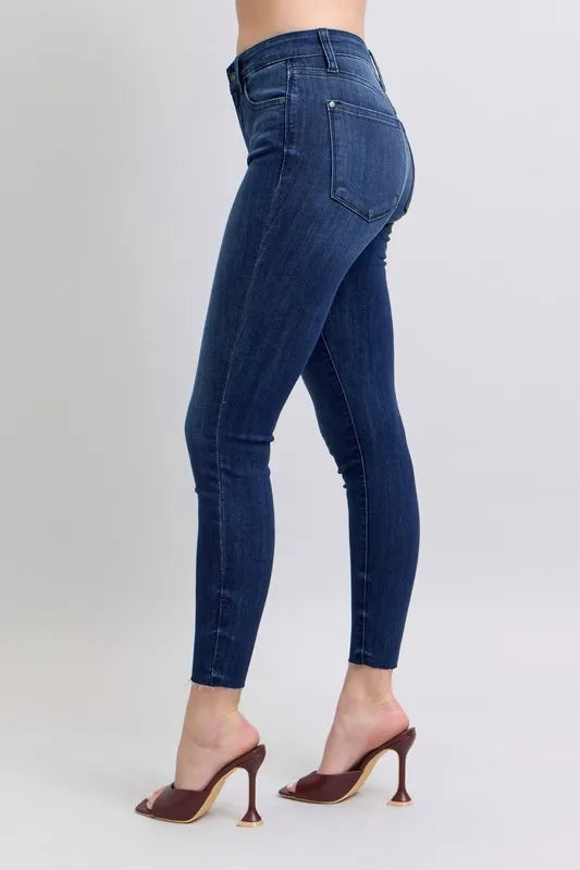 Hazel Blues® | Judy Blue Mid Rise Skinny Jeans with Raw Hem