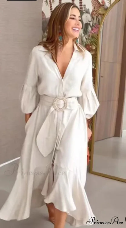 Fashion Ruffle Women's Shirt Casual V Neck Lantern Sleeve With Pocket Long Skirt Spring Lady Streetwear Midi Dress