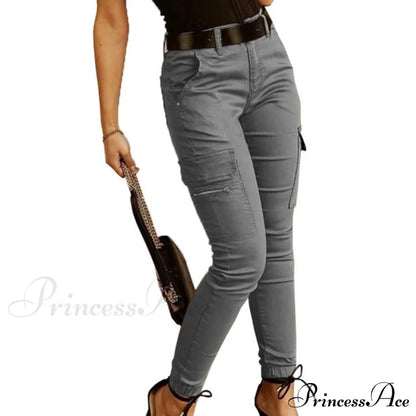 Fashion Solid Color Casual Pocket Button Zipper Slim Trousers