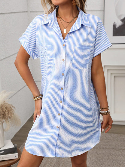 Hazel Blues® |  Striped Button Down Short Sleeve Mini Dress