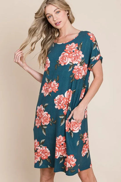 Hazel Blues® |  BOMBOM Floral Round Neck Short Tee Dress with Pockets
