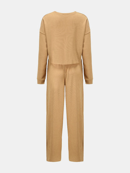 Hazel Blues® |  Waffle-Knit Round Neck Top and Pants Set