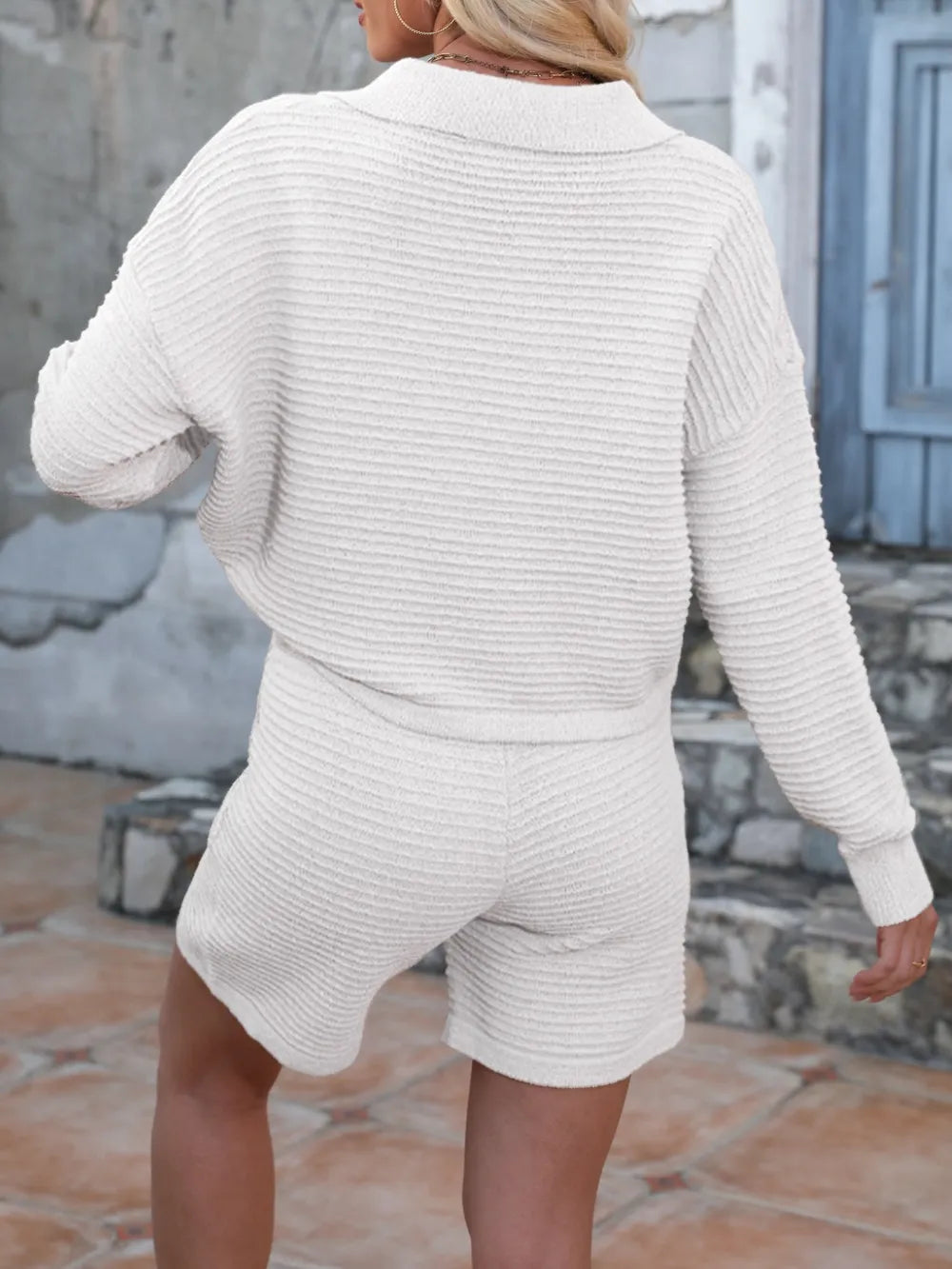 Hazel Blues® |  Johnny Collar Long Sleeve Top and Shorts Sweater Set