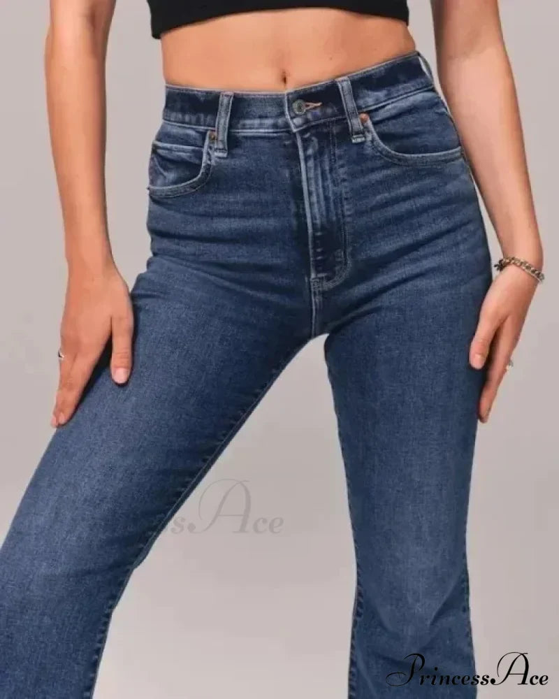 Flare Vintage Ladies Fashion Stretch Pocket Plus Size Wide Denim Jean