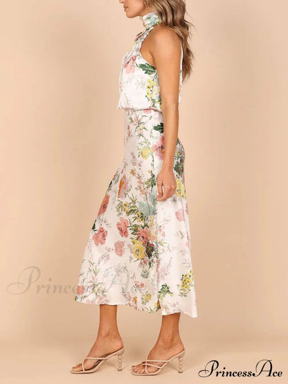 Floral Halter Neck Charming Elastic Waist Maxi Dress