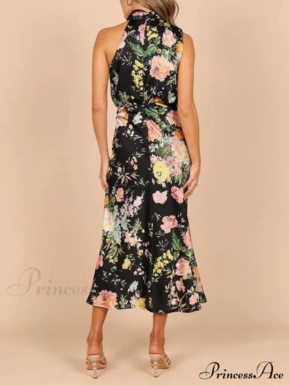 Floral Halter Neck Charming Elastic Waist Maxi Dress