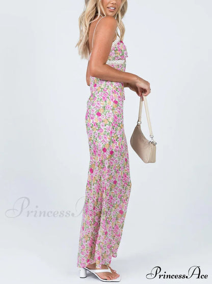 Floral Lace Trim Trendy Checkered Cropped Floral Dress