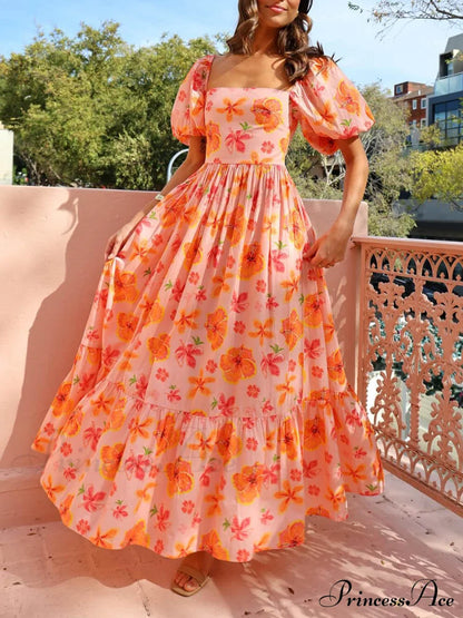 Floral Puff Sleeve Smocked Maxi Dress