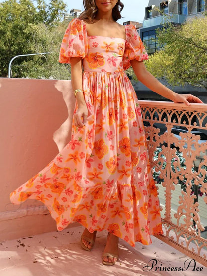 Floral Puff Sleeve Smocked Maxi Dress