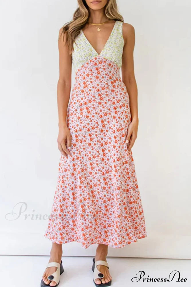 Floral Print V Neck Dress with Contrast Detail and Tie-back