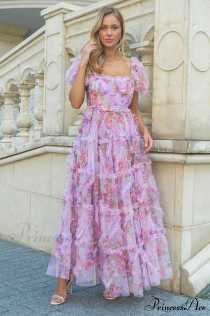 Floral Tulle Puff Sleeve Bow Tie Maxi Dress
