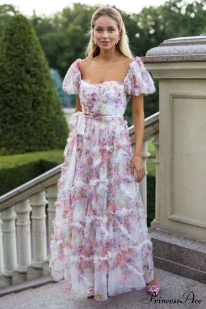 Floral Tulle Puff Sleeve Bow Tie Maxi Dress