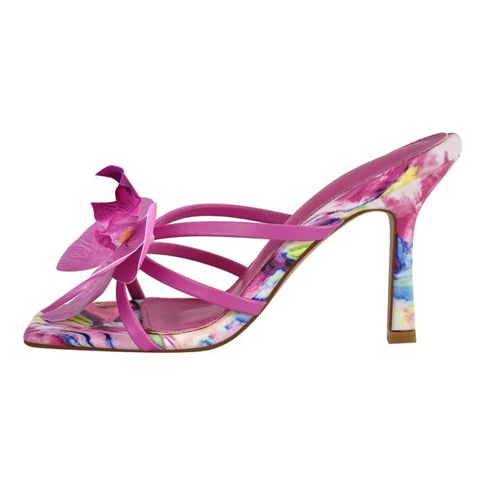 Flower Water Colour Printed High Heel Mules