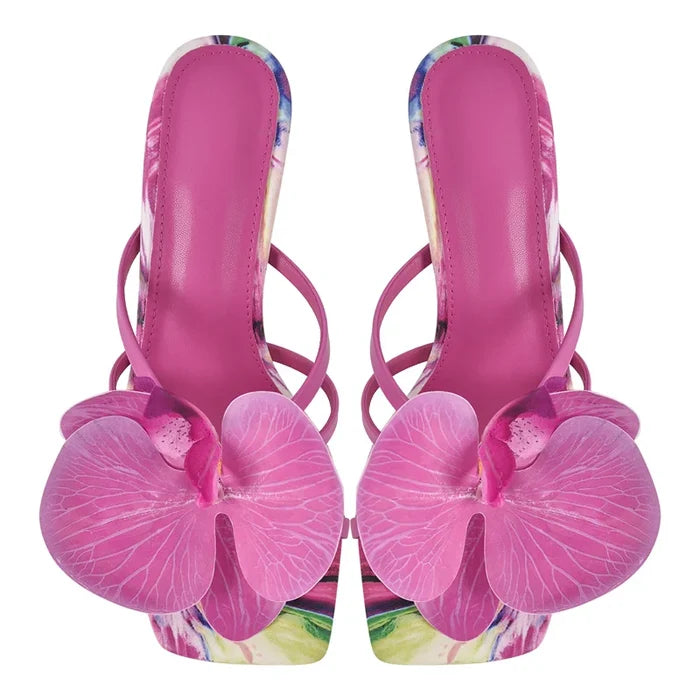 Flower Water Colour Printed High Heel Mules