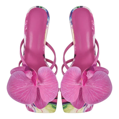 Flower Water Colour Printed High Heel Mules