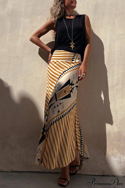 Geometric Print Elastic Charming Waist Maxi Skirt
