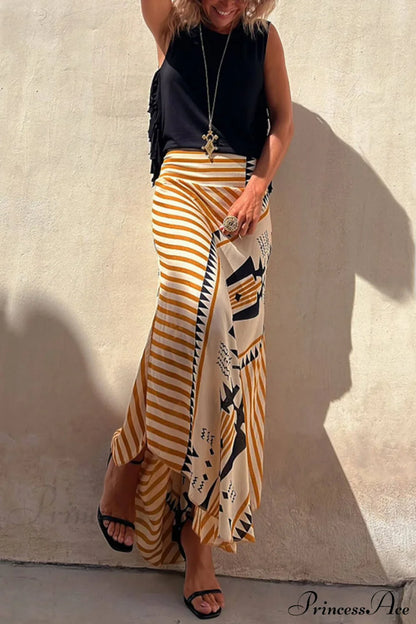 Geometric Print Elastic Charming Waist Maxi Skirt