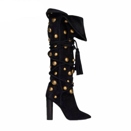 Gold Circle Knee High High Heel Boots