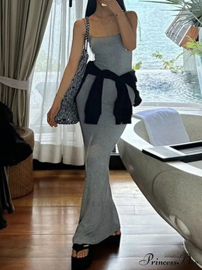 Gray Pointelle Graceful Knit Maxi Dress