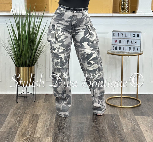 Grey Wash Camo Cargo Pants