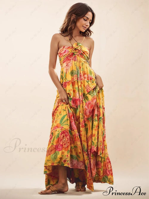 Hanging Neck Printed Floral Graceful Design Backless Straight Maxi Dress