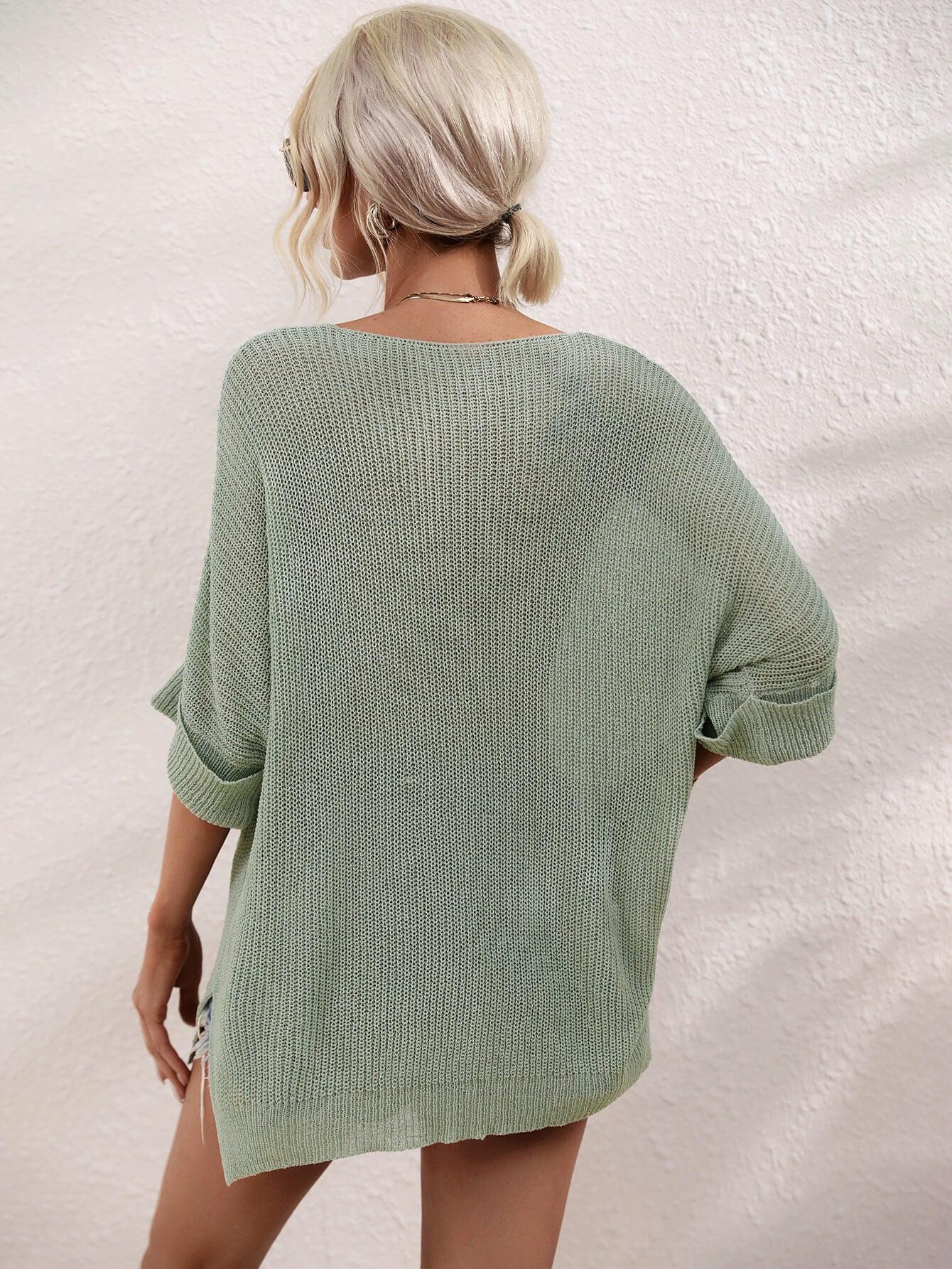 Hazel Blues® | Boat Neck Cuffed Sleeve Slit Tunic Knit Top