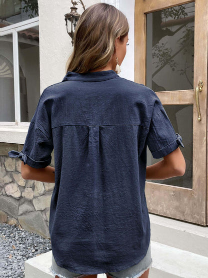 Hazel Blues® | Buttoned Notched Neck Cuffed Sleeve Blouse