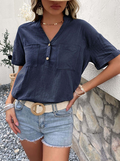 Hazel Blues® | Buttoned Notched Neck Cuffed Sleeve Blouse