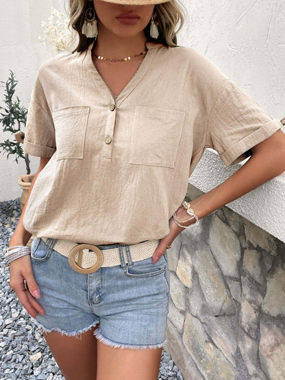 Hazel Blues® | Buttoned Notched Neck Cuffed Sleeve Blouse