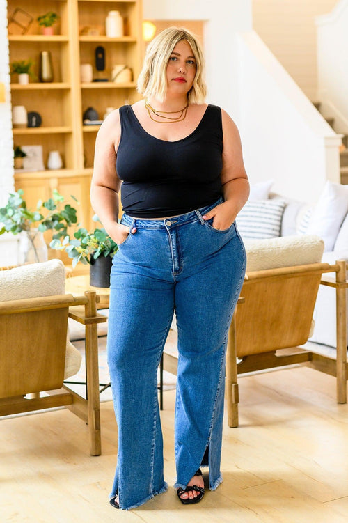 Hazel Blues® |  Caitlin High Rise Split Hem Straight Jeans