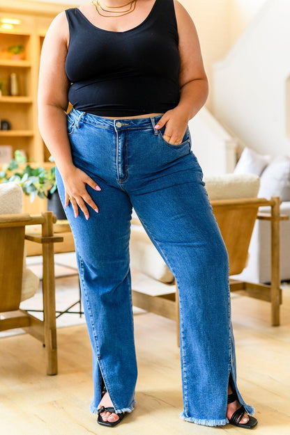 Hazel Blues® |  Caitlin High Rise Split Hem Straight Jeans