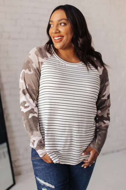 Hazel Blues® | Camo & Stripes Raglan Top