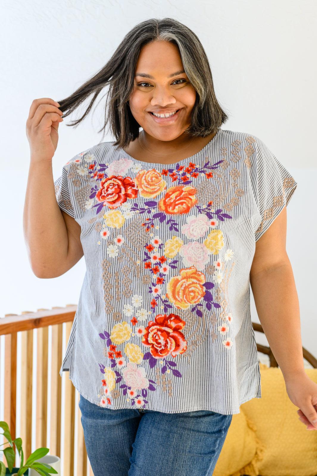 Hazel Blues® | Canopy Of Crushes Striped Floral Top