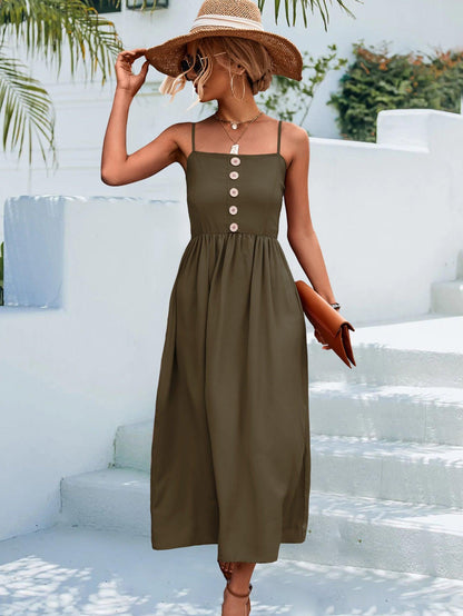 Hazel Blues® | Decorative Button Spaghetti Strap Midi Dress