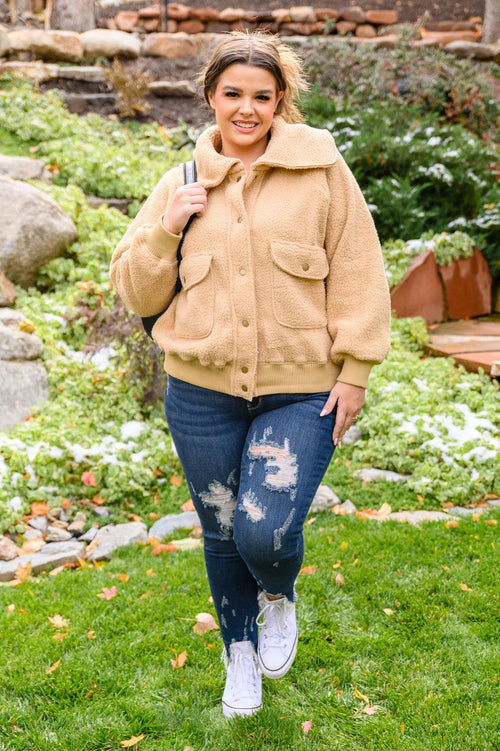 Hazel Blues® | Don't Stress Oversized Collar Sherpa Jacket In Taupe